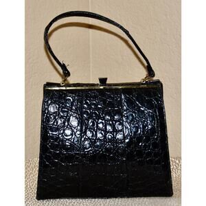 Black Genuine Crocodile Large Top Handle Handbag Gold Hardware - Circa 1950's